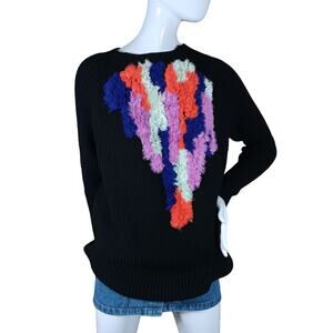 Black Chunky Knit Sweater Size Large Colorful Fluffy Aplique